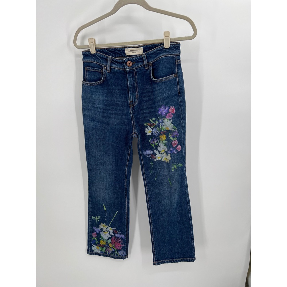 WEEKEND Max Mara Cropped Flare Jeans Hand Painted Floral W22 Sz 8